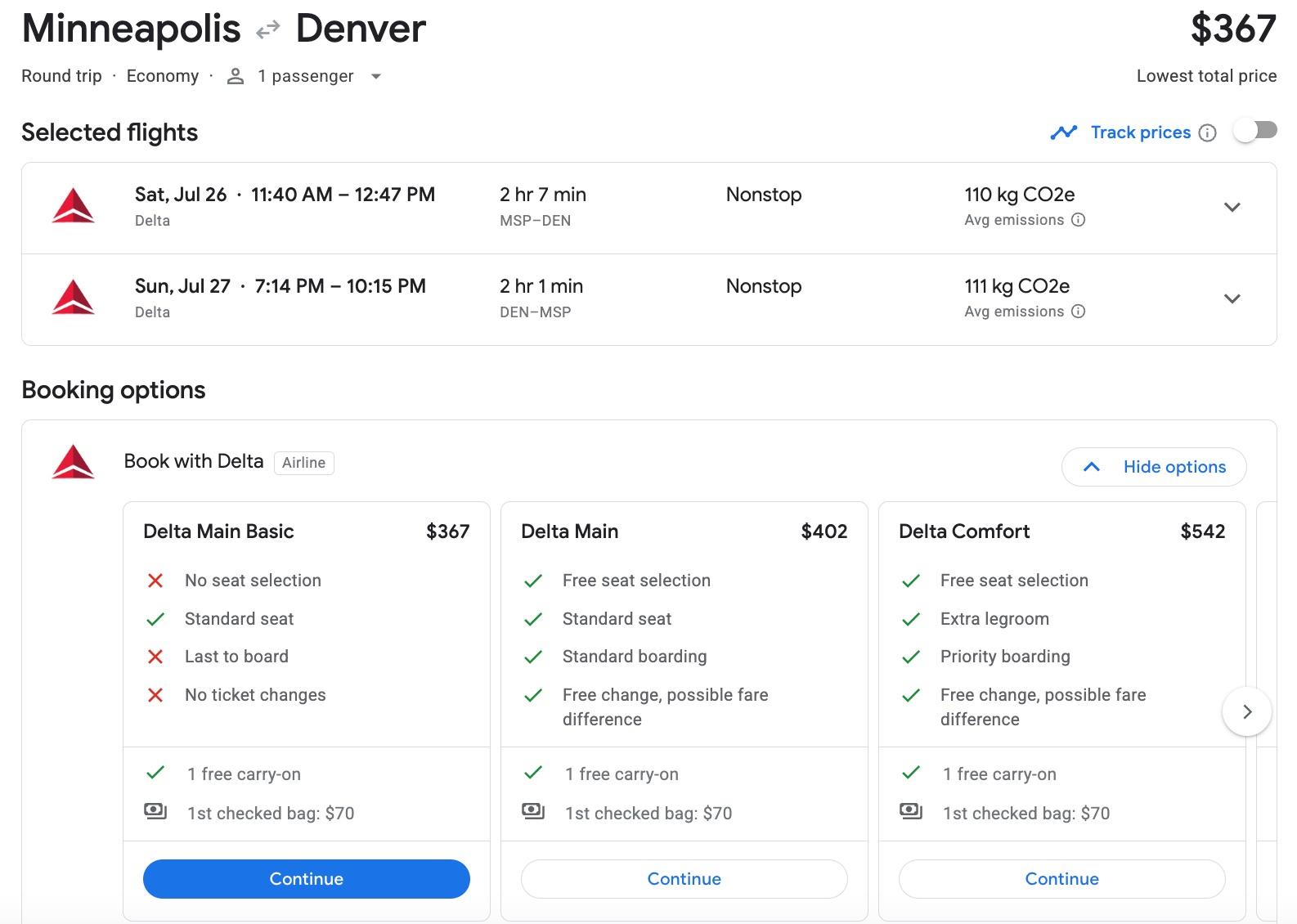 google flights screenshot from minneapolis to denver showing delta main basic fares