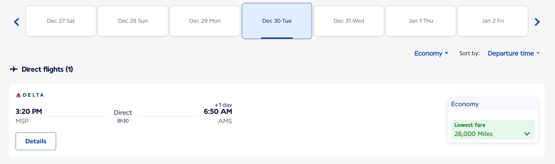 minneapolis to amsterdam flight for 28,000 miles