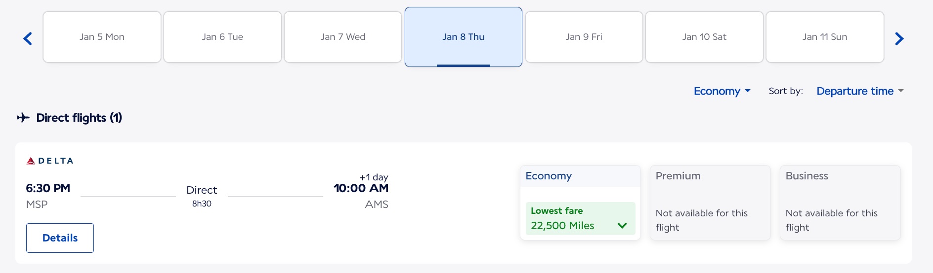 minneapolis to amsterdam flight for 22,500 miles