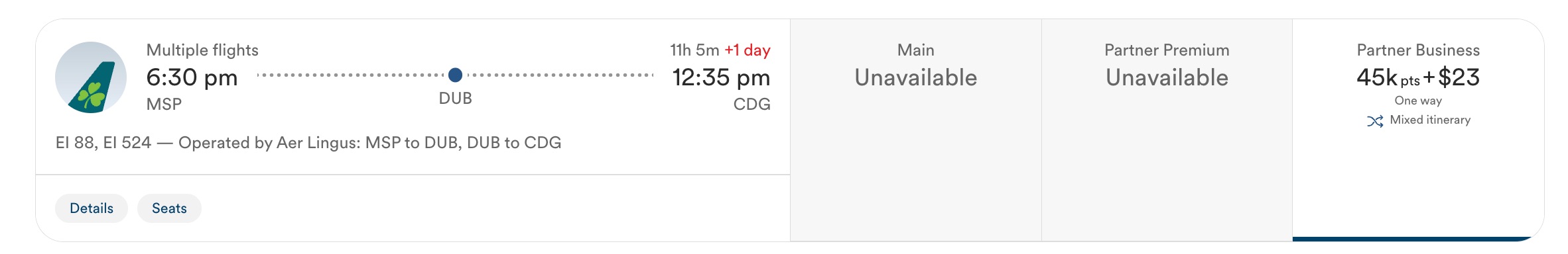 aer lingus msp to dublin to paris for 45k miles in business class