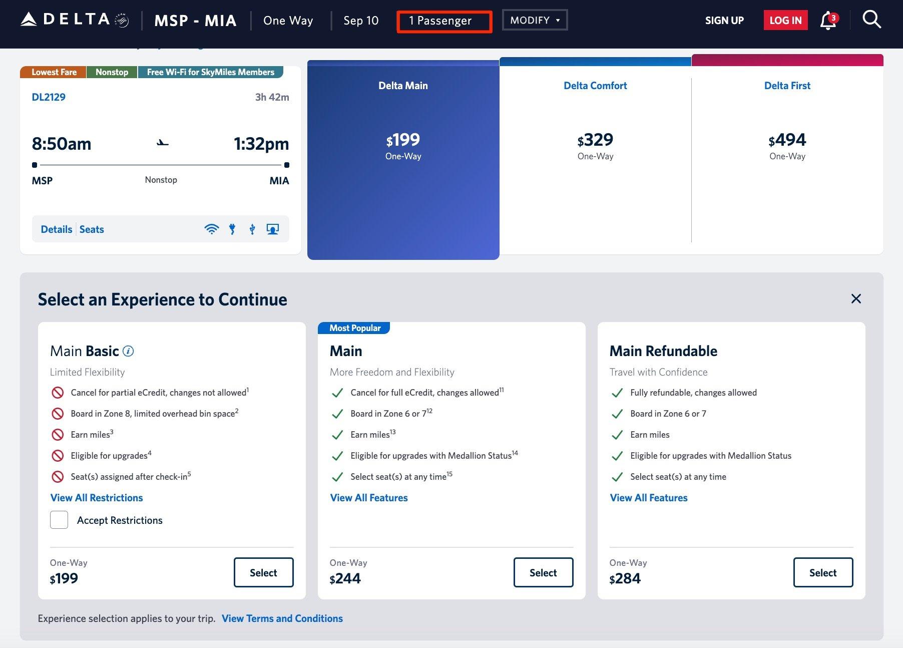 delta fare option for minneapolis to miami