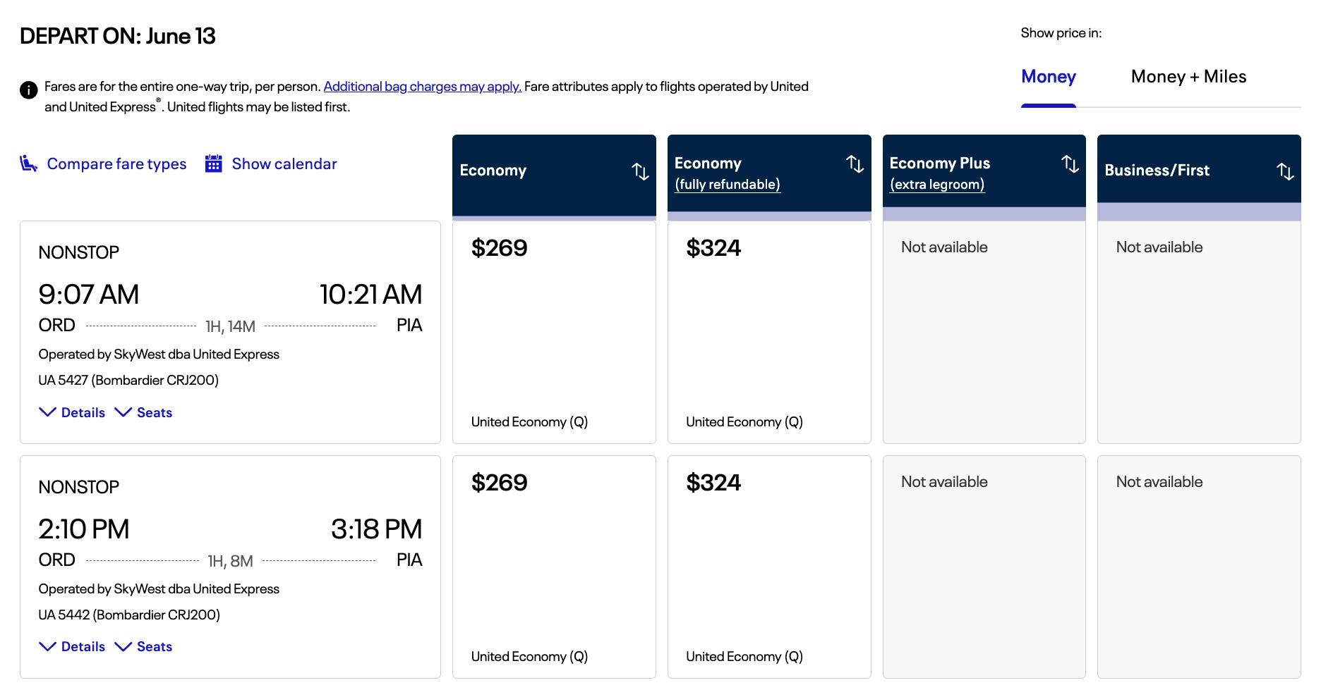 united flight from chicago to peoria for $269