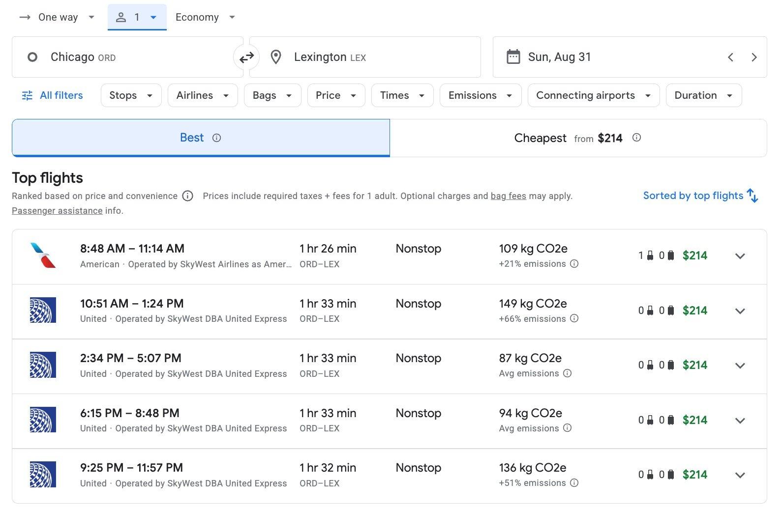 google flights screenshot of flights from chicago to lexington