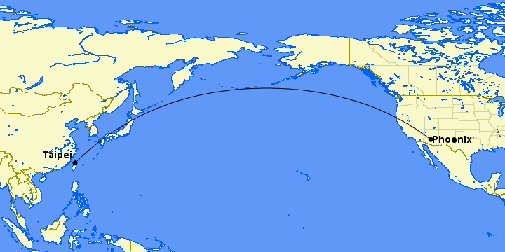 map showing line from phoenix to taipe