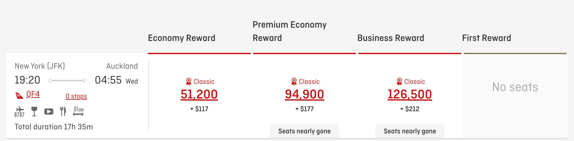 qantas business class redemption new york to auckland for 126,500 miles