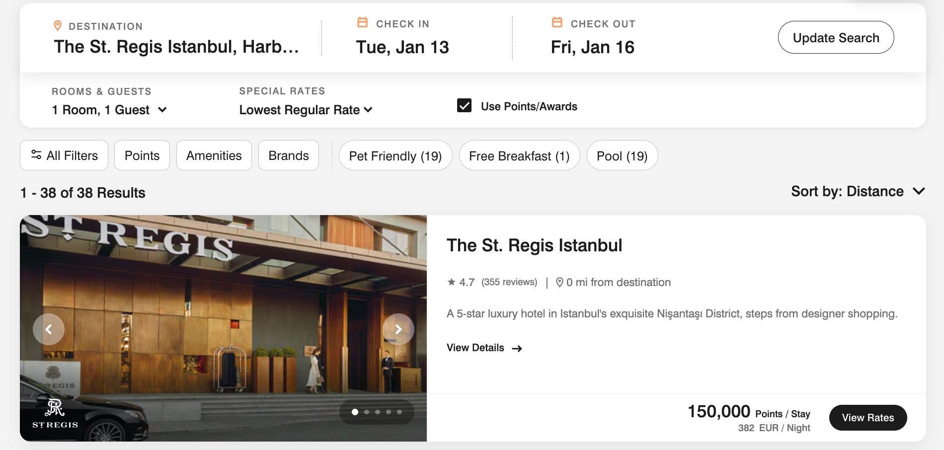 st regis istanbul booking for 150,000 points for three nights