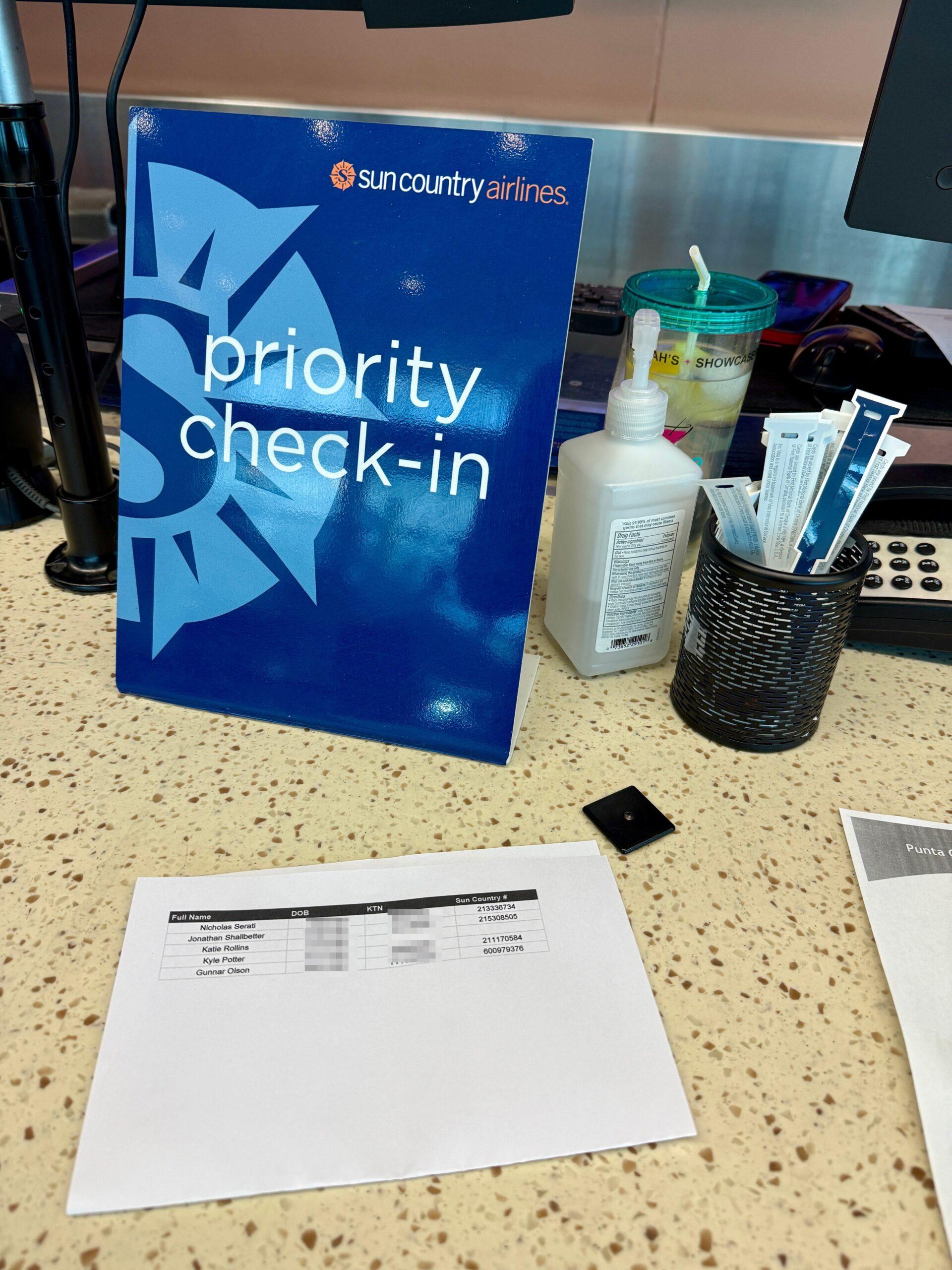 sun country ticket counter with a spreadsheet
