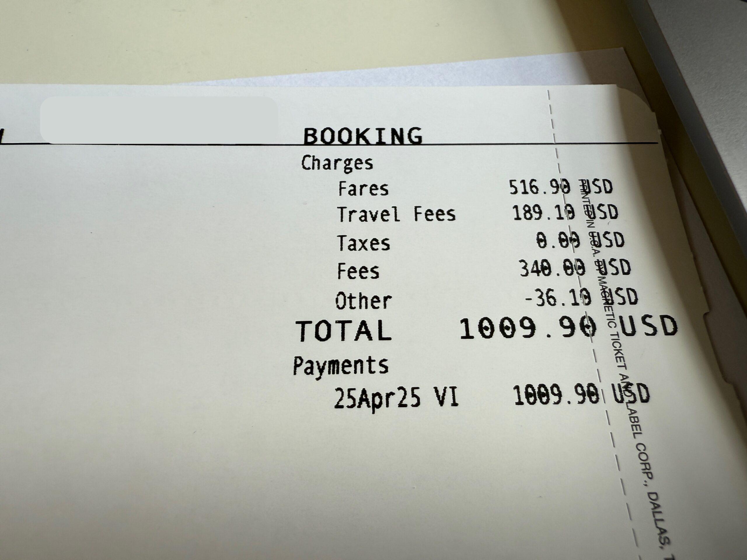 final sun country receipt for $1009.90