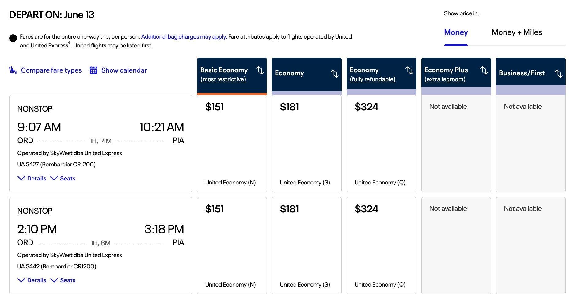 united flights from chicago to peoria for $151