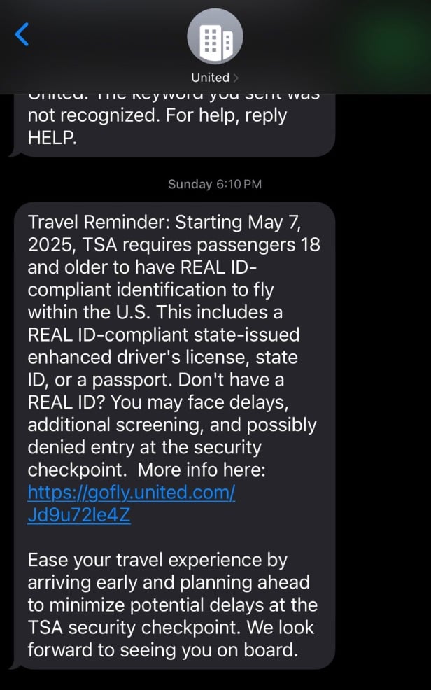 text message from united airlines about real ID