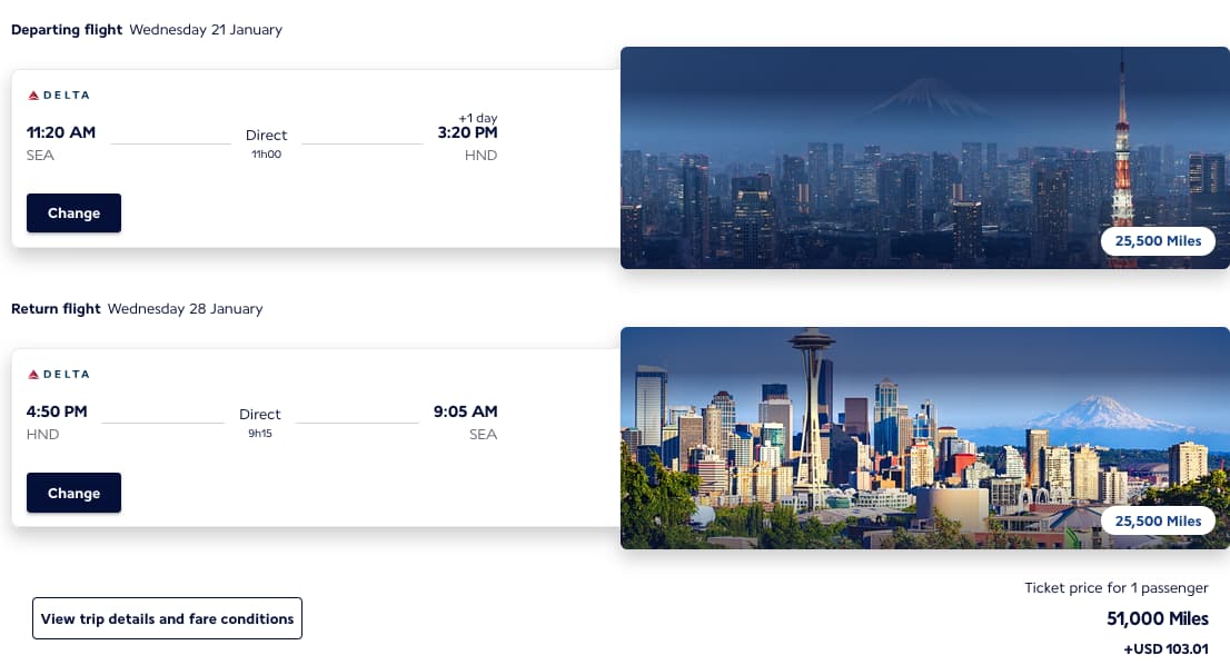 seattle to tokyo flights for 51,000 miles roundtrip