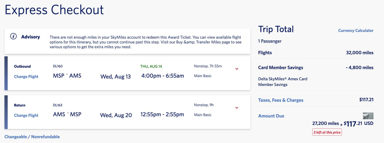 minneapolis to amsterdam flights for 27,200 miles roundtrip