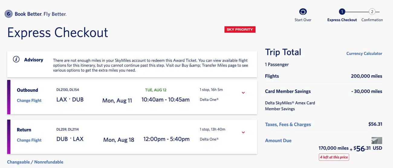 delta skymiles deal lax to dublin for 170,000 skymiles in business class