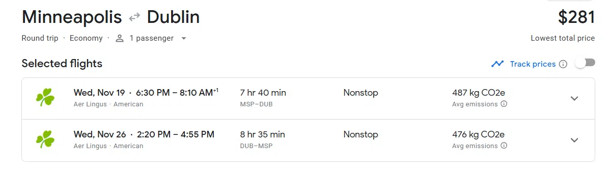 flight from minneapolis to dublin for $281 
