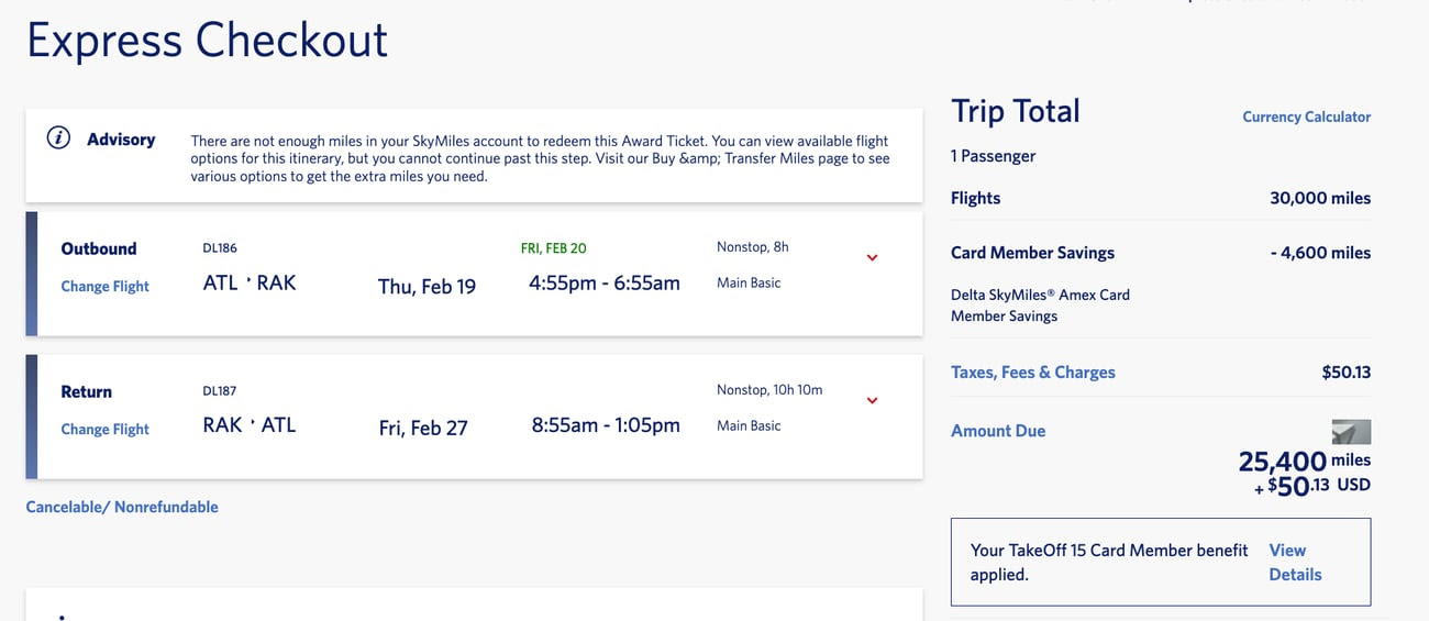 delta skymiles fare to marrakech in morocco for 25,400 miles