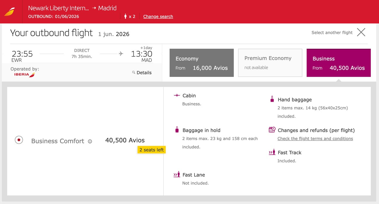 newark to madrid in business class for 40,500 points