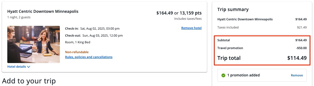 Chase Travel Booking with $50 promo credit applied