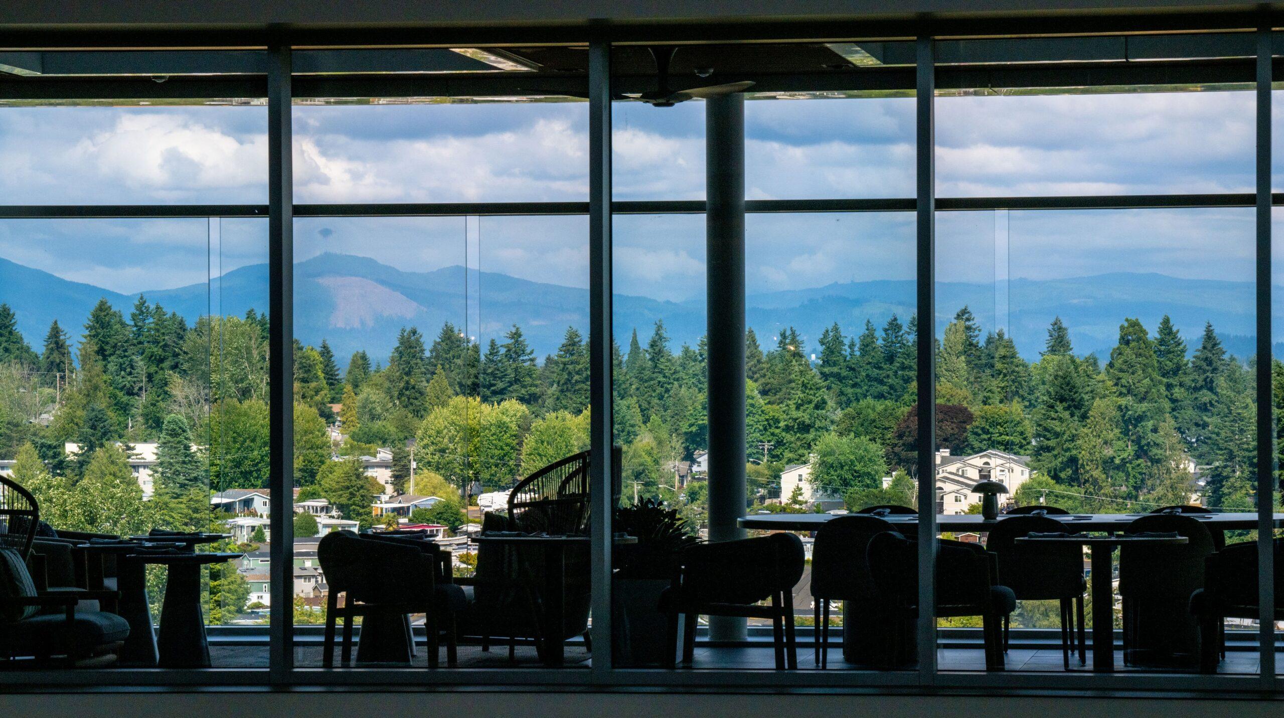 Delta One Lounge at Seattle International Airport overlooking the Washington mountains.