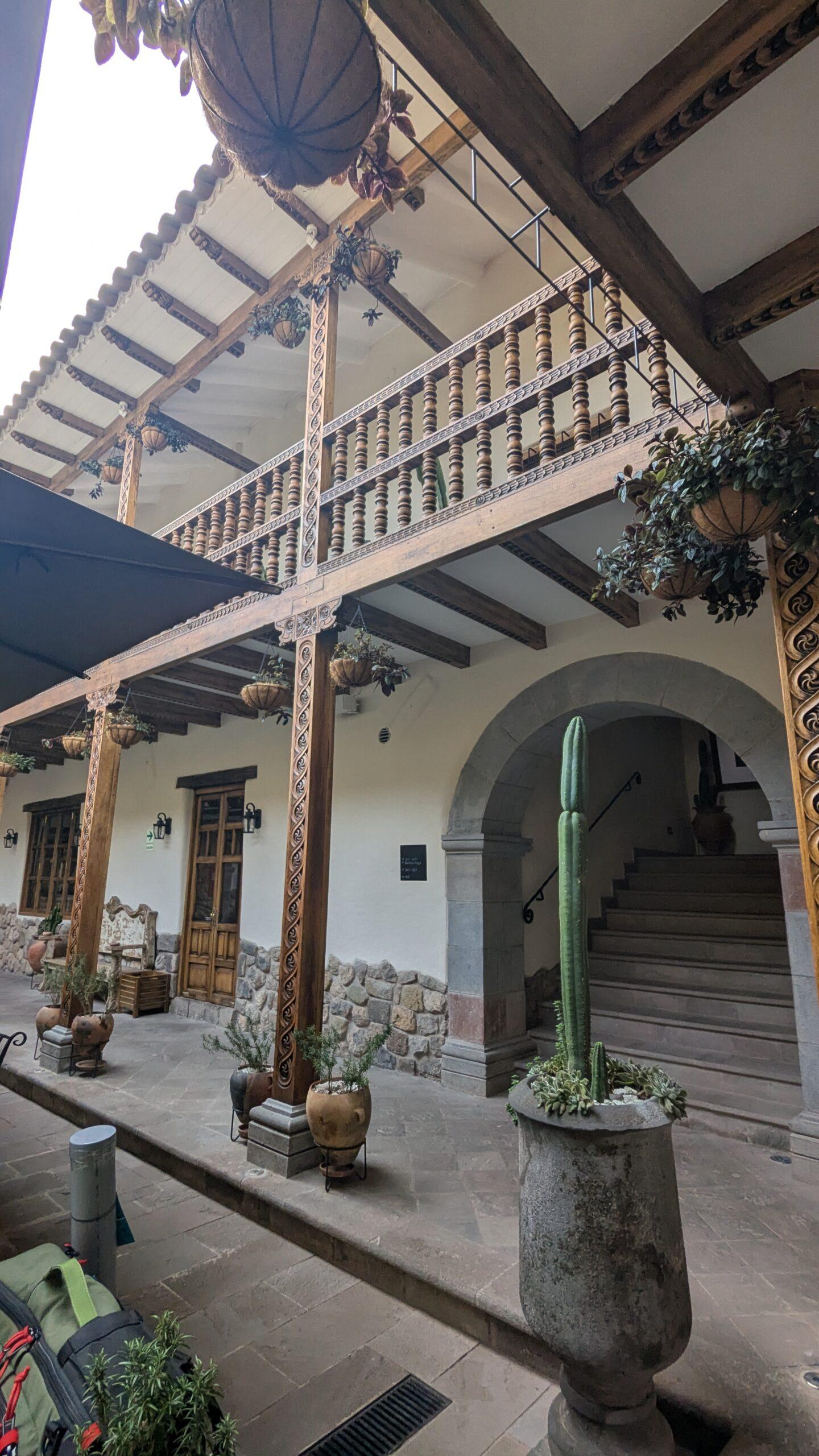 courtyard and balcony at the Antigua Casona San Blas hotel in Cusco, Peru. 