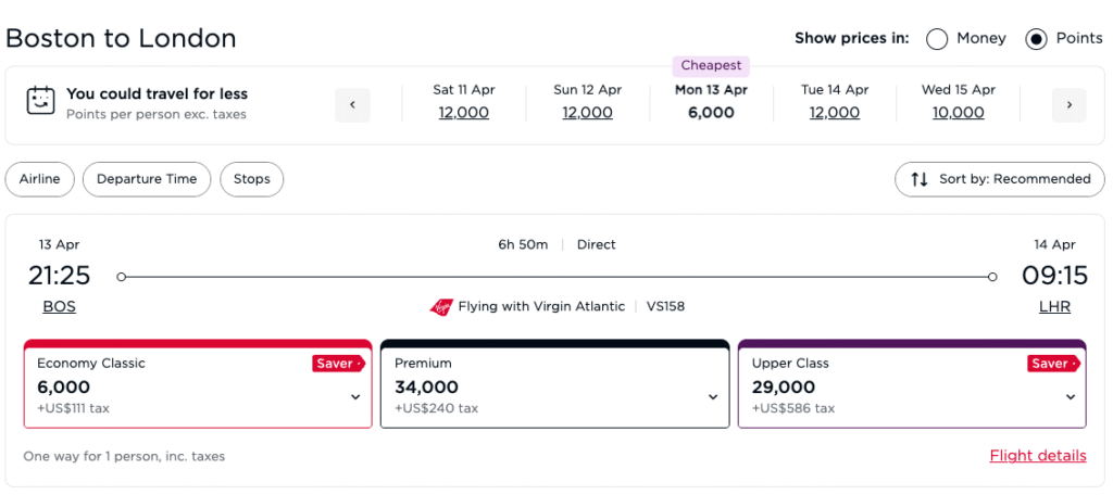 virgin atlantic rates from BOS to LHR
