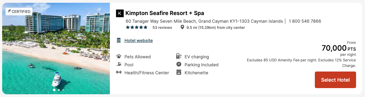 Kimpton Seafire award booking for 70,000 IHG points per night