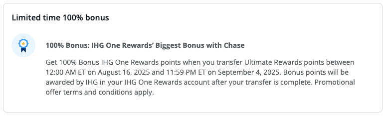 Chase to IHG 100% transfer bonus