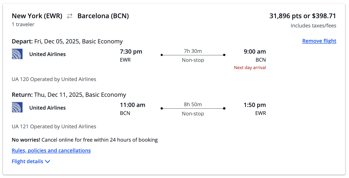 Chase travel portal booking for a flight from EWR-BCN for 31,896 Chase points.