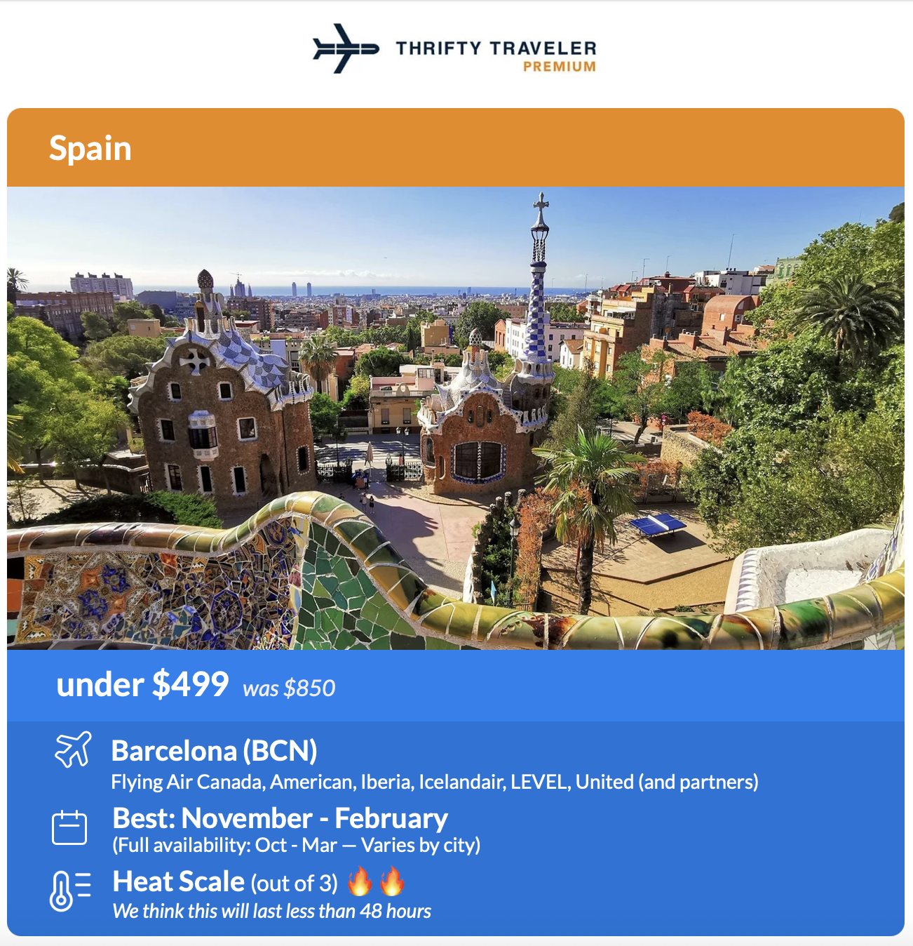 Thrifty Traveler Premium flight deal to Barcelona under $499 roundtrip.