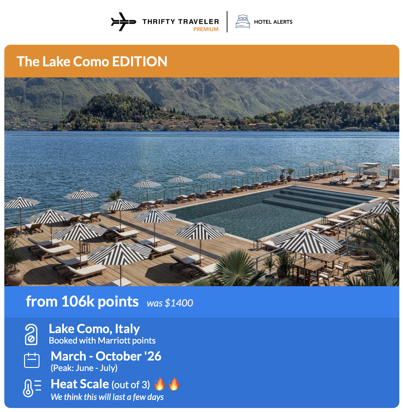 Thrifty Traveler Premium+ Hotel Alert for the Lake Como EDITION, starting at 106,000 points per night