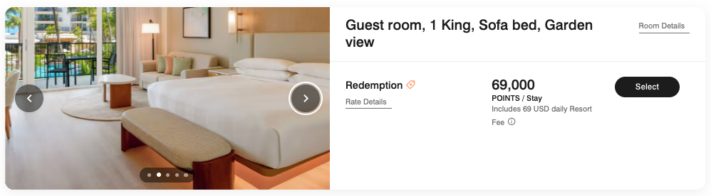 Aruba Marriott Resort & Stellaris Casino award booking for 69,000 points per night