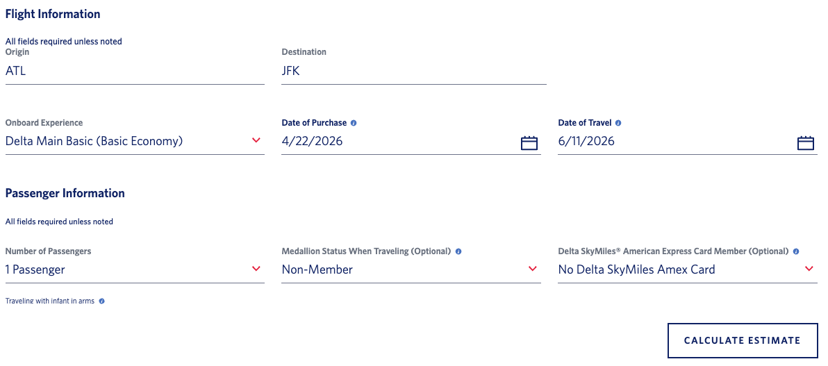 A screenshot of Delta's baggage estimator with Atlanta to New York (JFK) flight details filled in