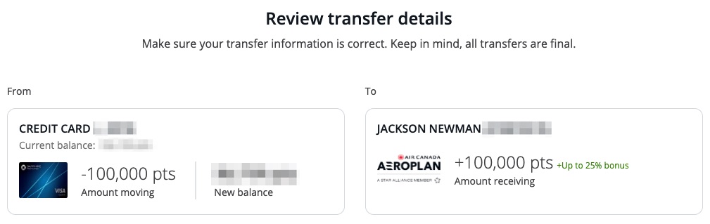 Transfer 100,000 points from Chase to Aeroplan with up to 25% bonus