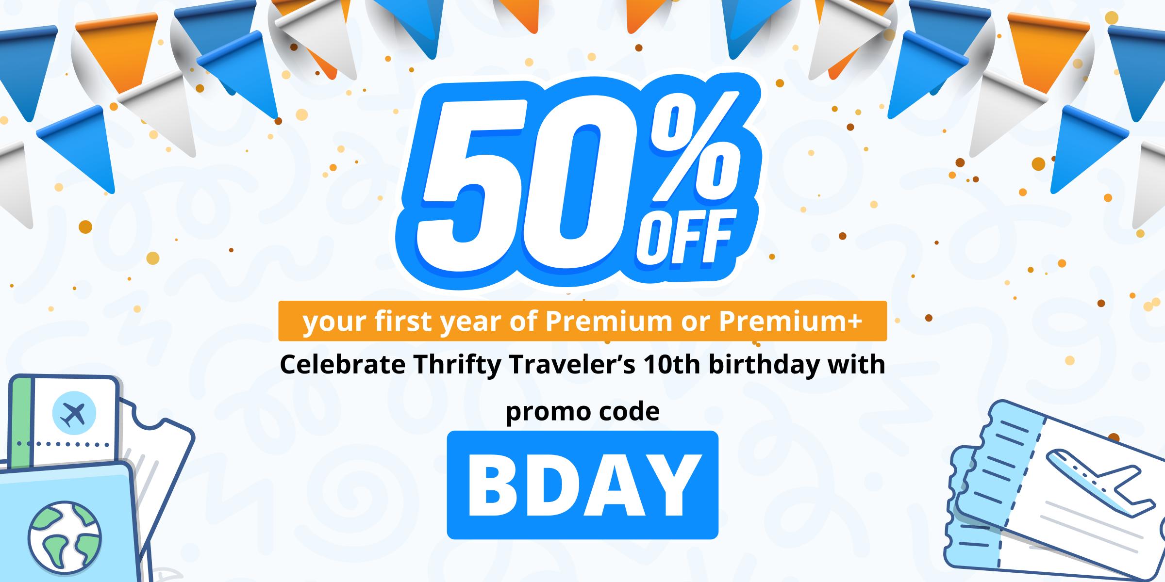 thrifty traveler 50% promo banner