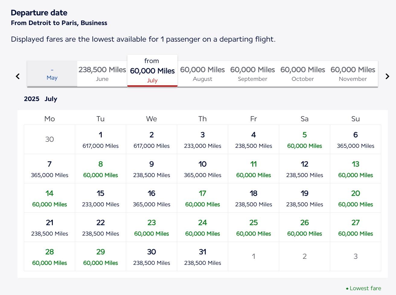 air france calendar for detroit to paris showing dates bookable for 60,000 points