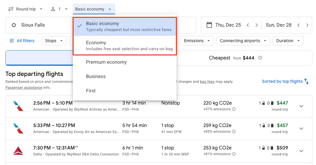 basic economy filter on google flights with basic selected
