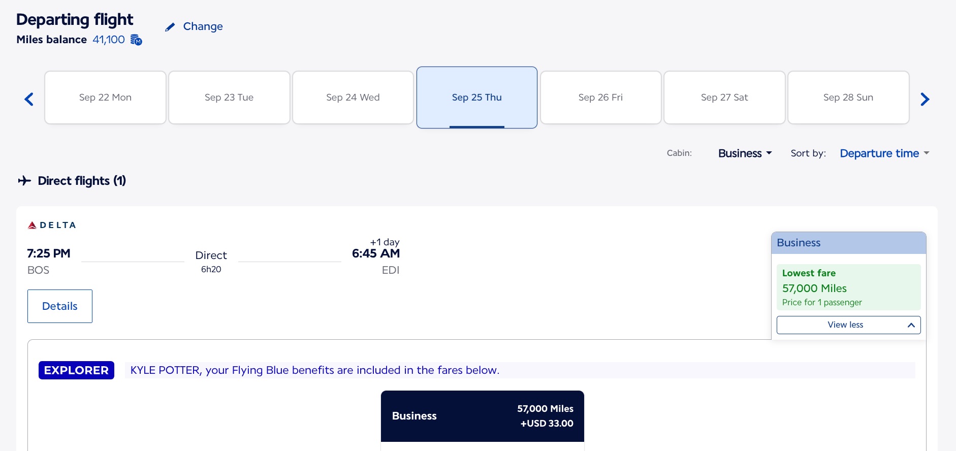 boston to edinburgh 57,000 miles via air france