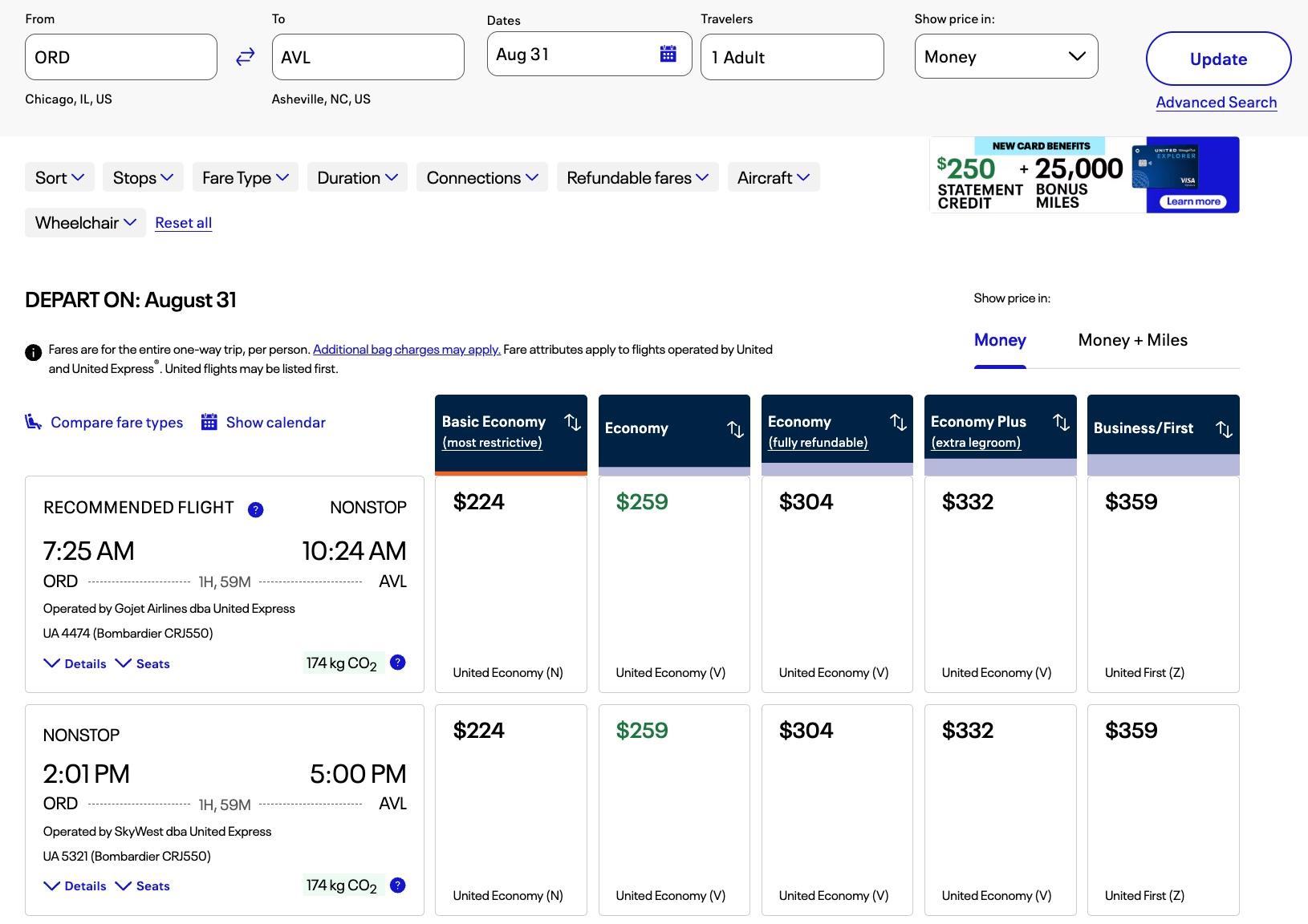 united airlines search chicago to asheville for $224 fares