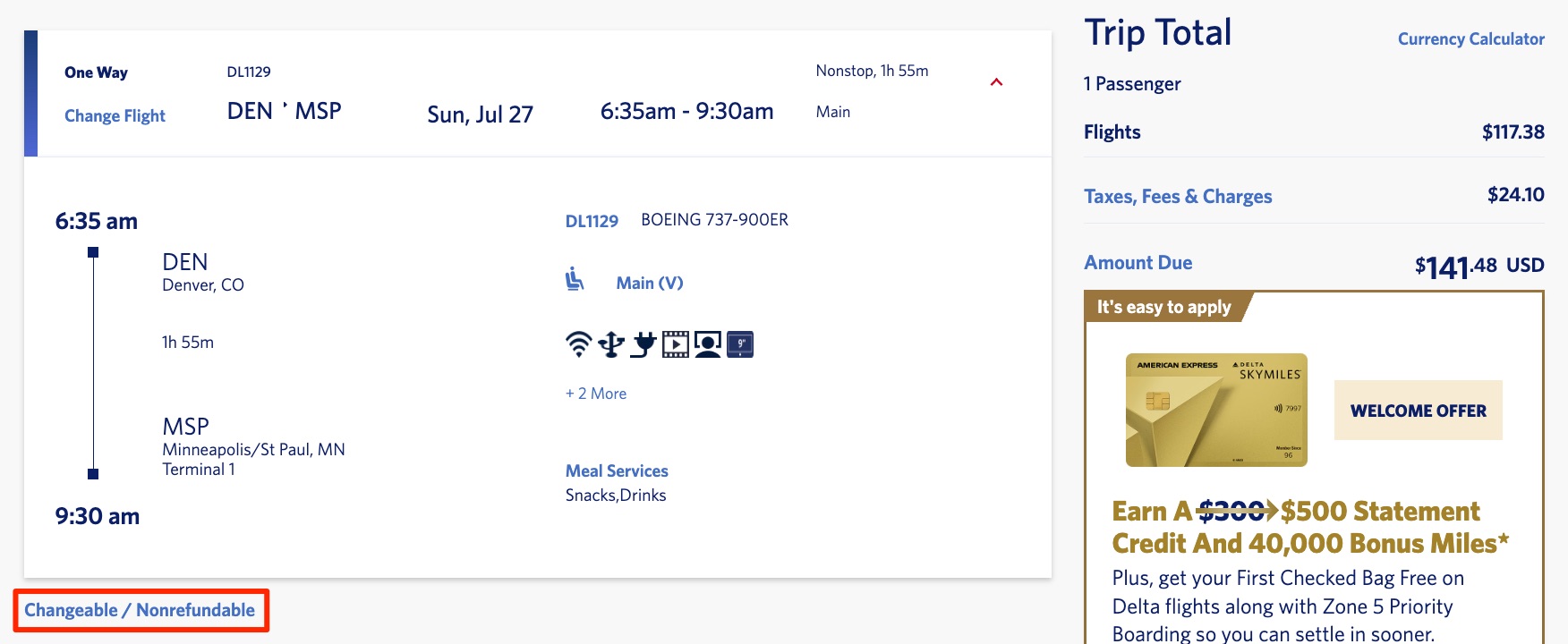 delta fare summary with changeable/nonrefundable in a red box