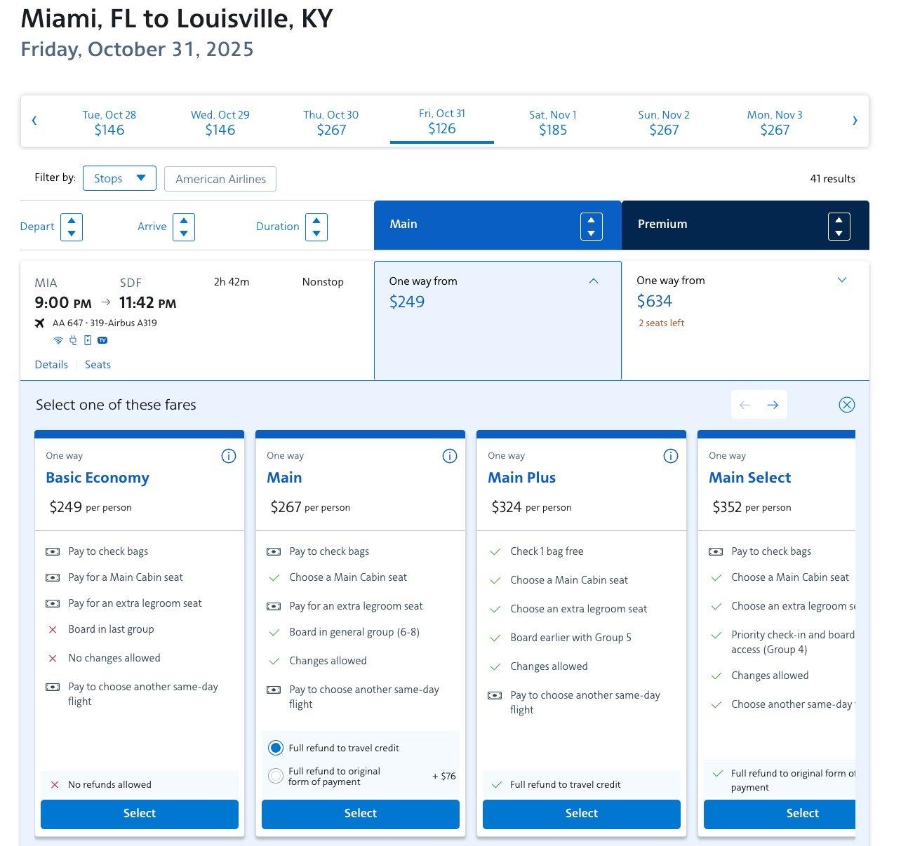 miami to louisville fares $249 each