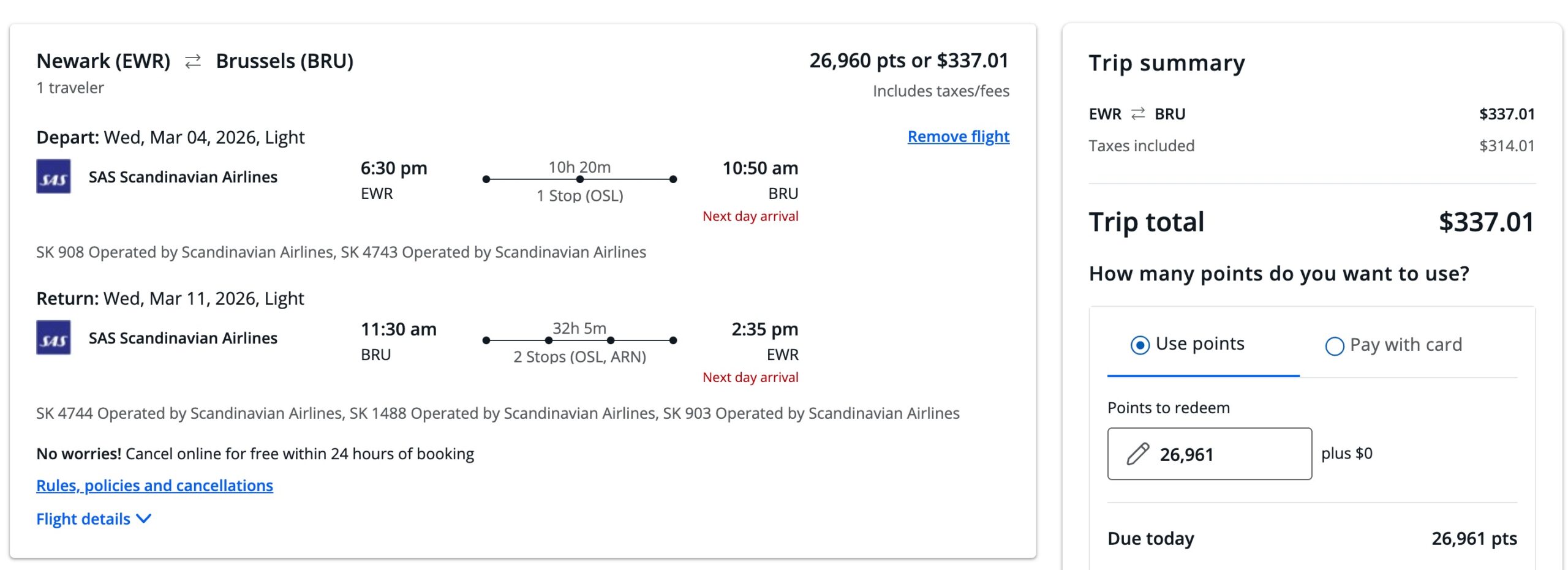 sas fights from newark to brussels 