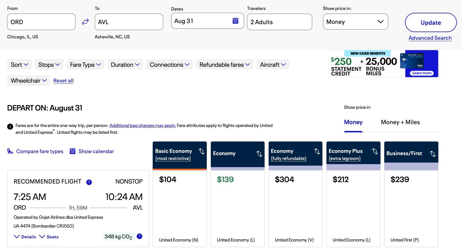 united chicago to asheville for $104