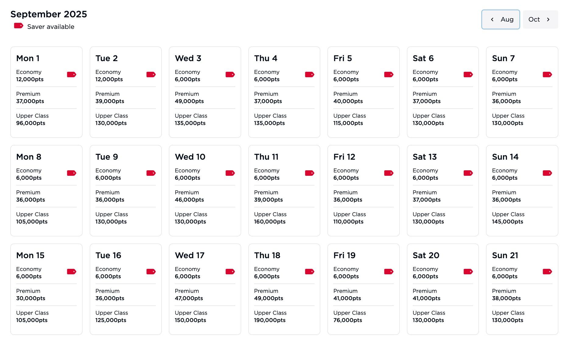 virgin reward seat checker showing award rates for the month of september 2025