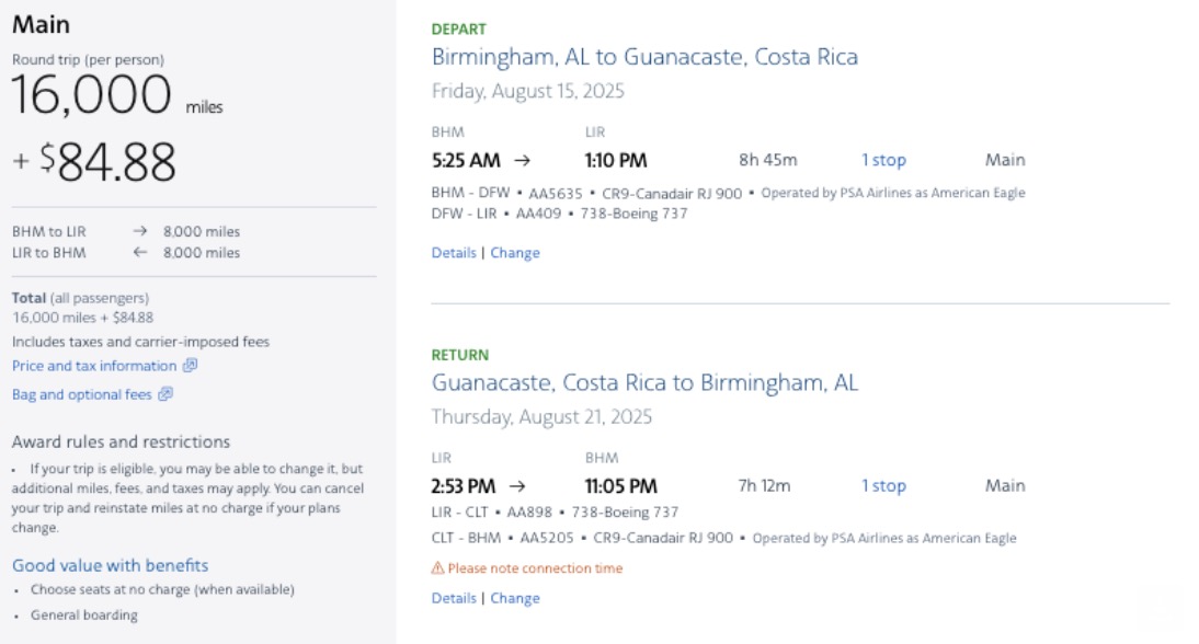 American Airlines fare using points and miles to Costa Rica