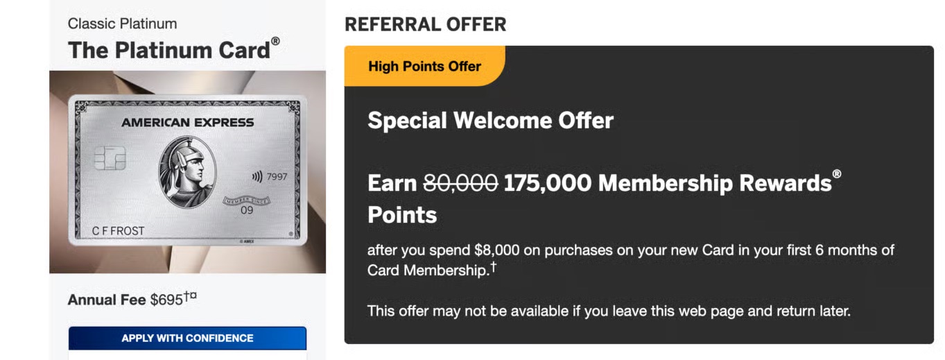 A screenshot of an Amex Platinum referral offer for 175,000 points.