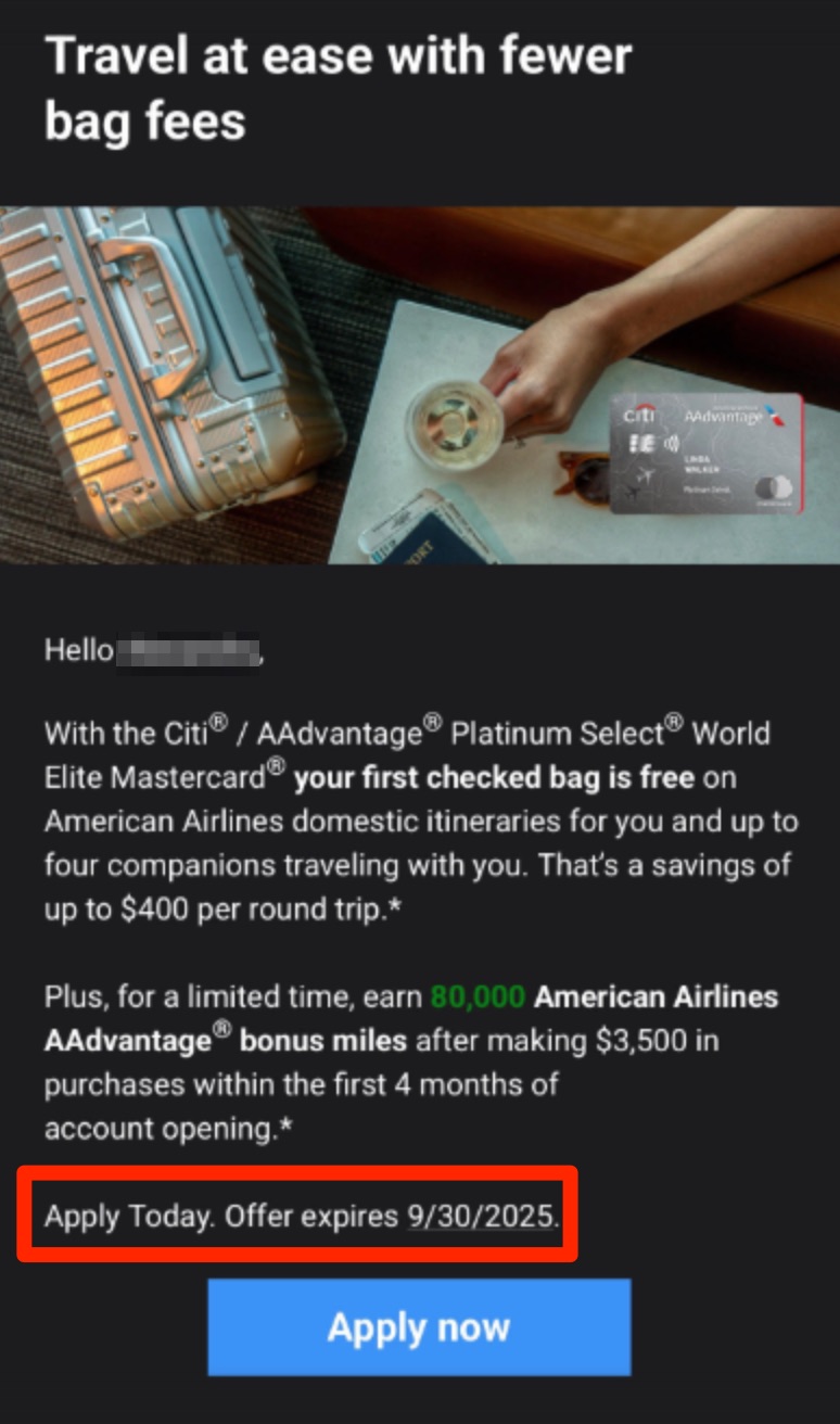Citi AAdvantage Platinum Select email offer for 80,000 miles ending Sept. 30