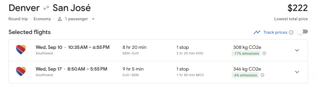 Denver to SJO airfare for $222