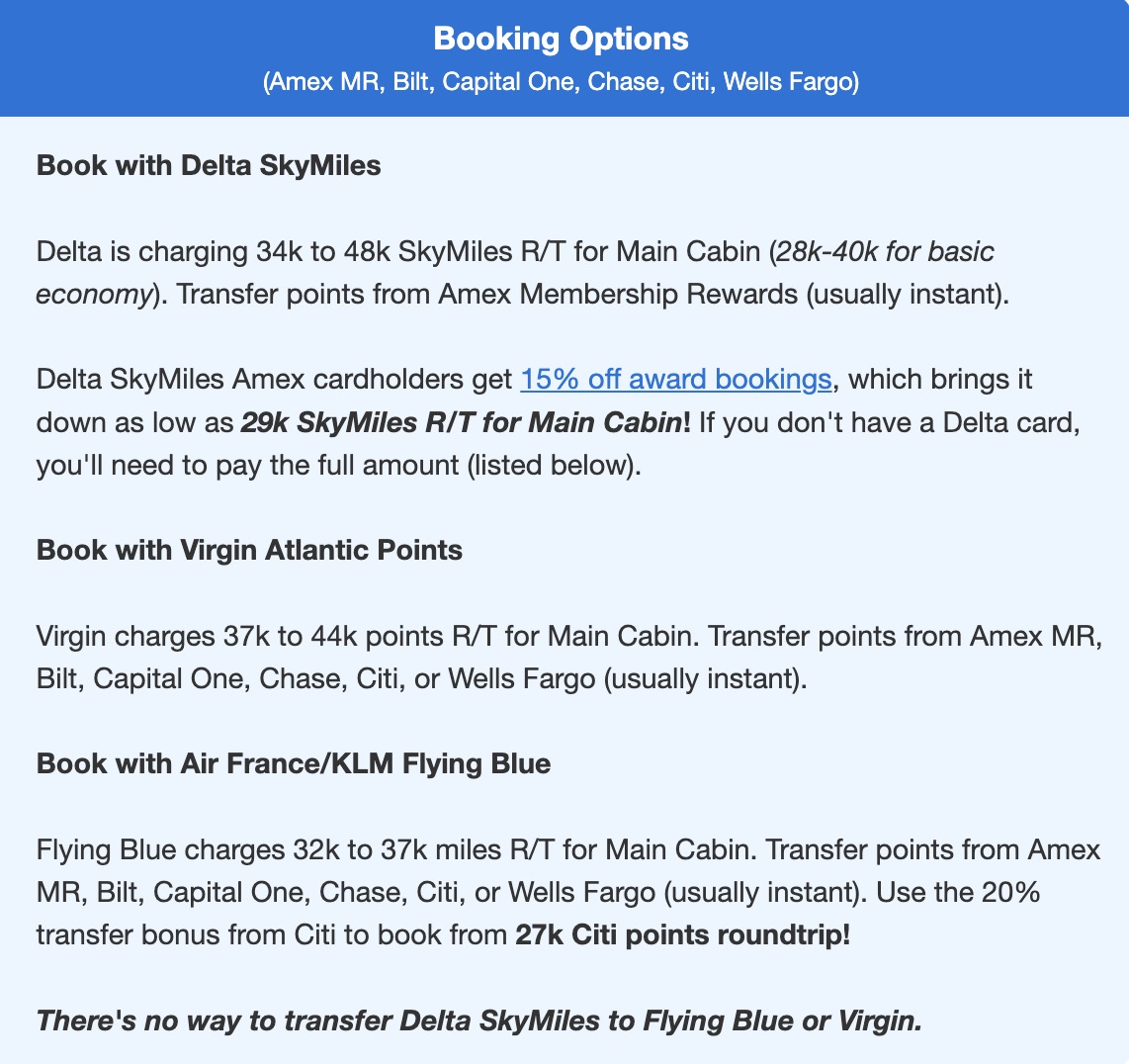 Delta booking instructions using Delta, Virgin, or Air France points