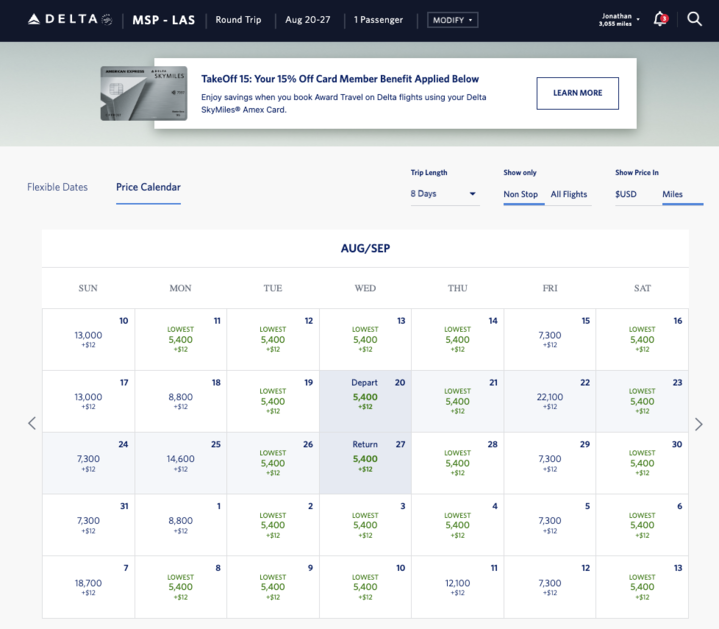Las Vegas SkyMiles fares on Delta