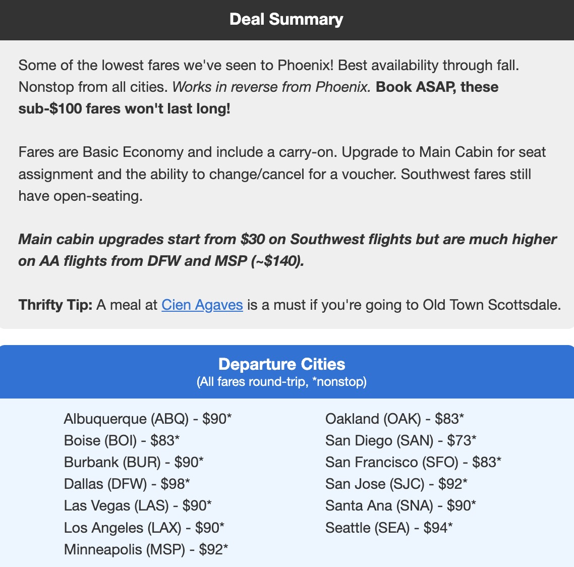 Phoenix flight deal with fares under $100 roundtrip. 