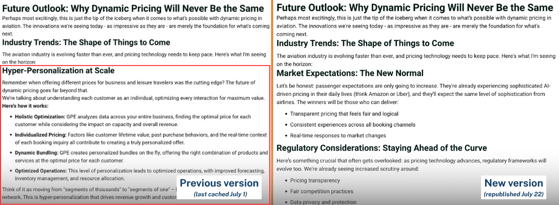 screenshots comparing current and versions of blog post highlighting changes